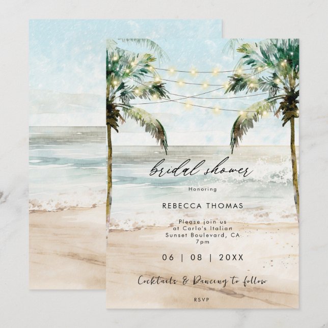 invitación a la ducha de novia con palmeras tropic (Anverso / Reverso)