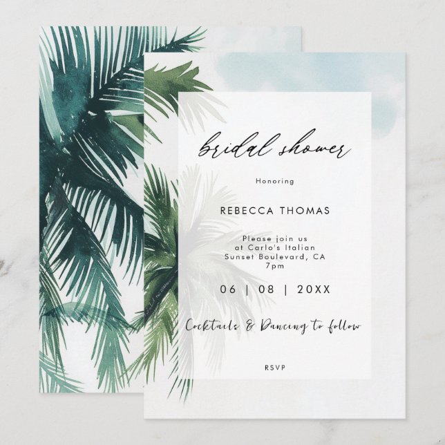 invitación a la ducha de novia con palmeras tropic (Anverso / Reverso)