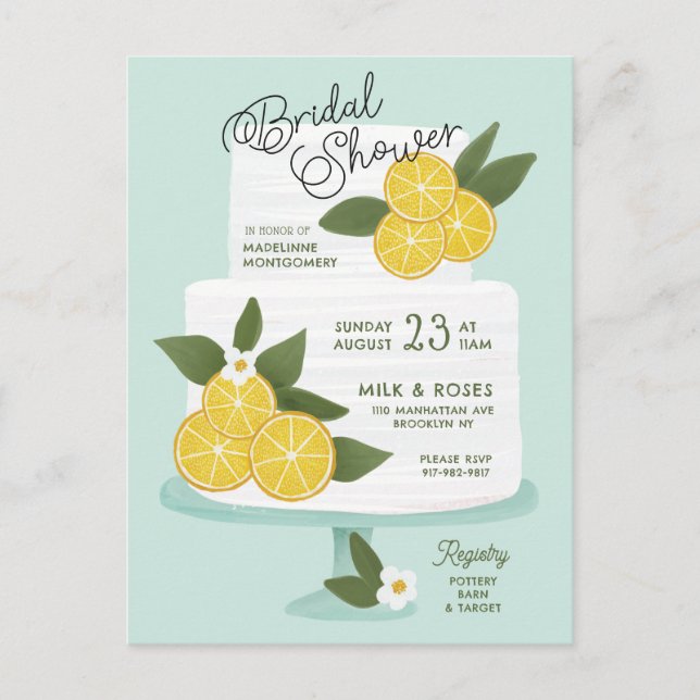 Invitación a la ducha de novia con pastel de limón (Anverso)