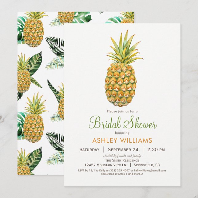 Invitación a la ducha de novia con piña (Anverso / Reverso)