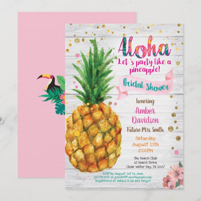 Invitación a la ducha de novia con piña (Anverso / Reverso)