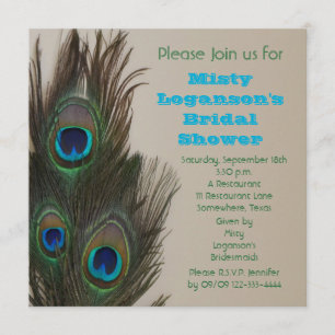 Invitación a la ducha de novia con plumas de pavo