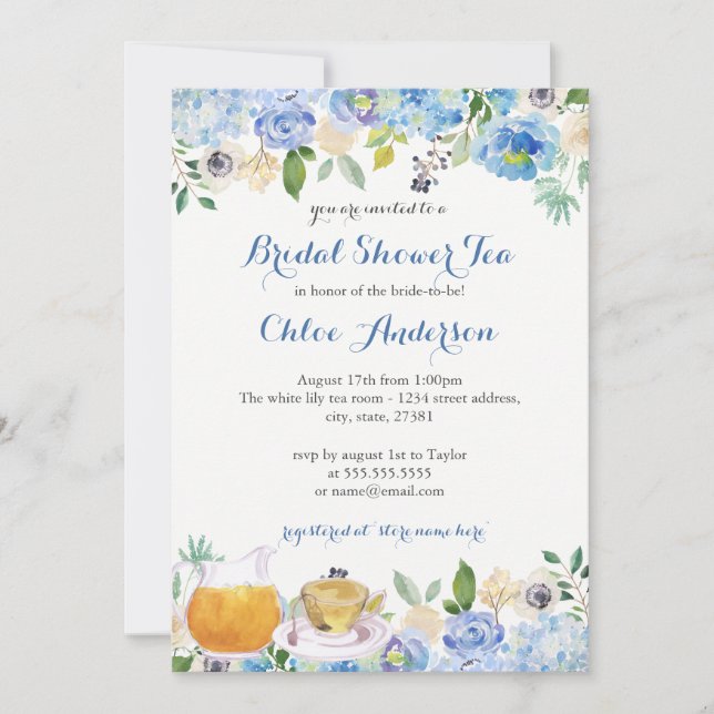 Invitación a la ducha de novia con té azul floral (Anverso)