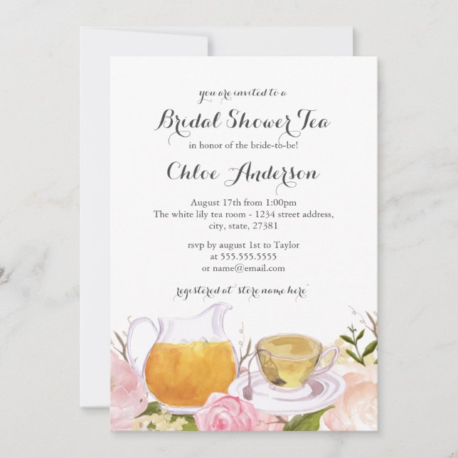 Invitación a la ducha de novia con té de rosa rosa (Anverso)