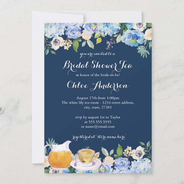 Invitación a la ducha de novia con té floral azul  (Anverso)