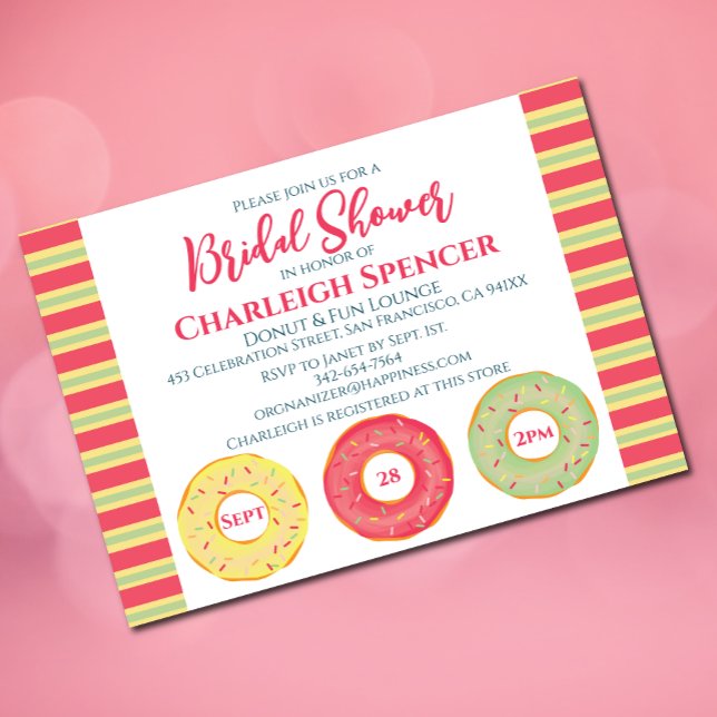Invitación a la ducha de novia con temática Donut (Pink bridal shower invitation with donut elements)