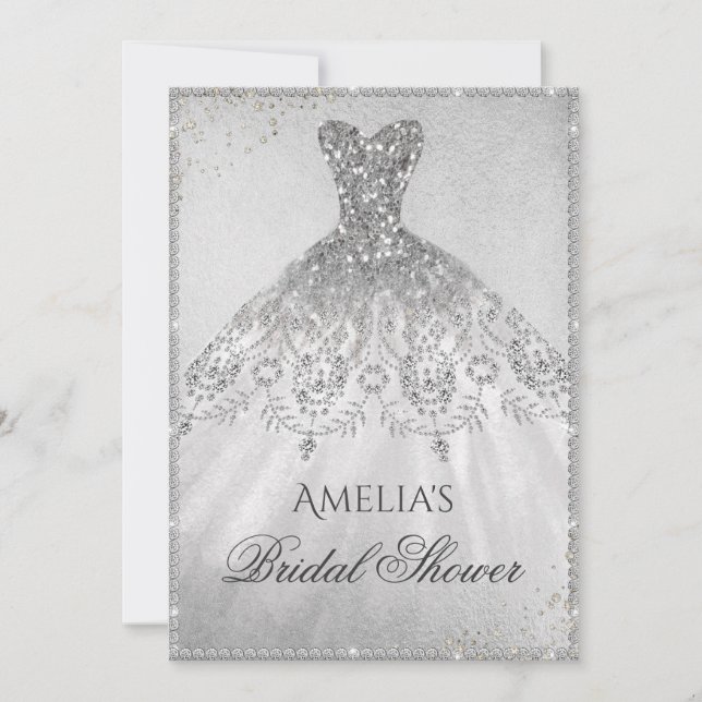 Invitación a la ducha de novia con vestido brillan (Anverso)