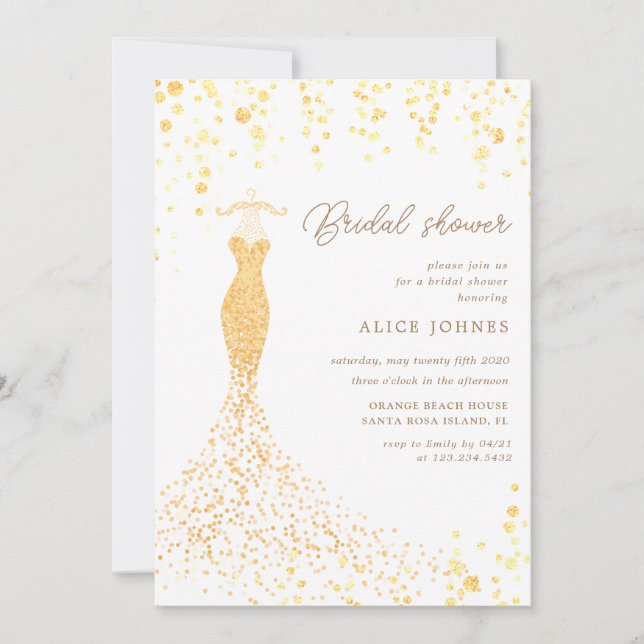 invitación a la ducha de novia con vestido dorado (Anverso)