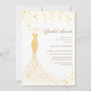 invitación a la ducha de novia con vestido dorado