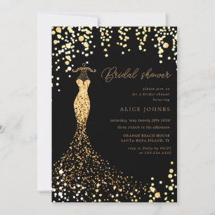 invitación a la ducha de novia con vestido dorado