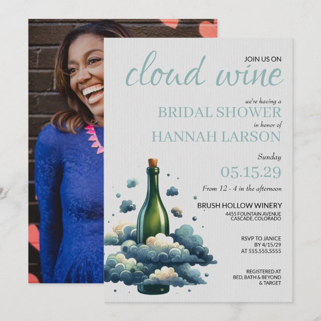 Invitación a la ducha de novia con vino de nubes (Anverso / Reverso)