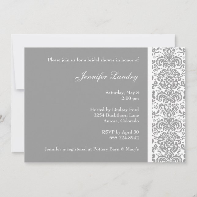 Invitación a la ducha de novia Damasco plateado (Anverso)