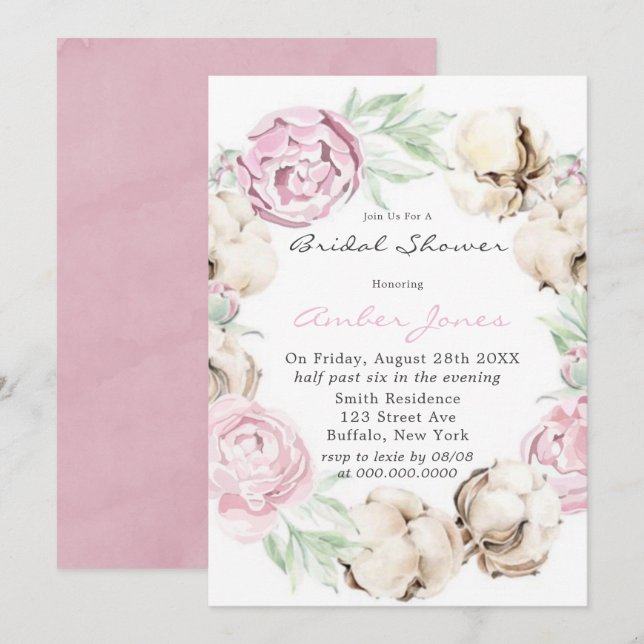 Invitación a la ducha de novia de algodón de Peony (Anverso / Reverso)