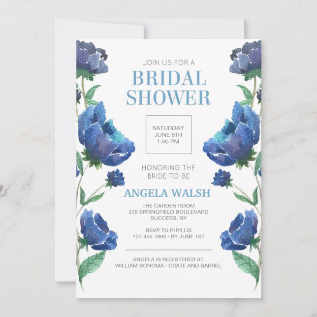 Invitación a la ducha de novia de Blue Poppies (Anverso)