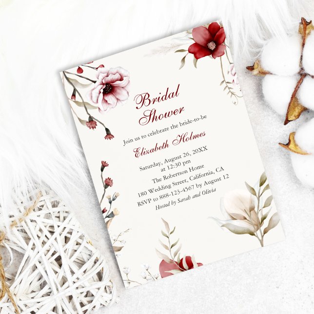 Invitación a la ducha de novia de Burgundy Winter  (Burgundy Winter Elegance Bridal Shower Invitation on cozy white background with cotton flowers)