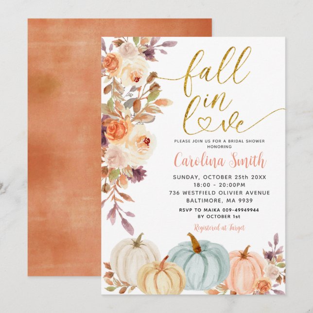 Invitación a la ducha de novia de calabaza floral  (Anverso / Reverso)