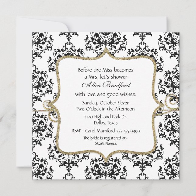 Invitación a la ducha de novia de Damasco blanco y (Anverso)