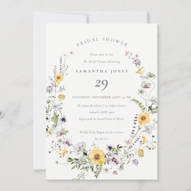 Invitación a la ducha de novia de flor silvestre a (Anverso)