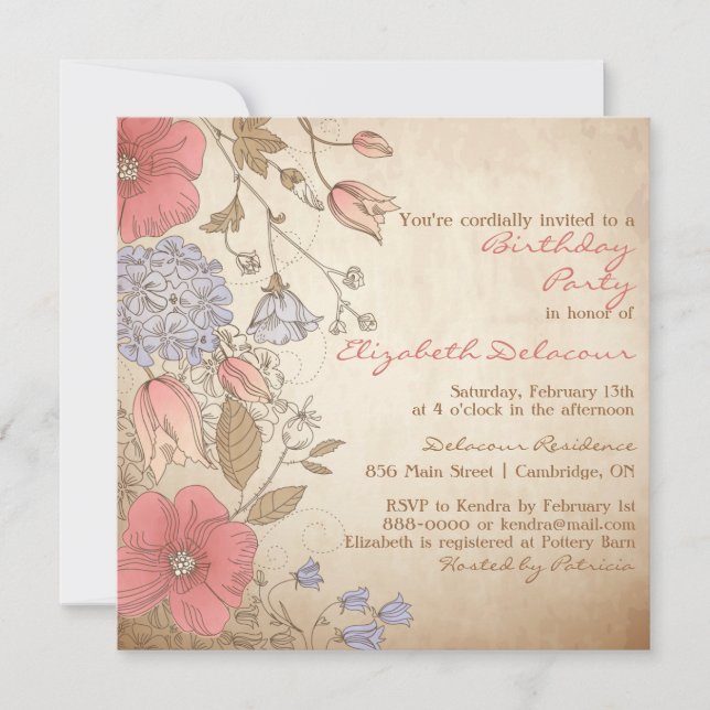 Invitación a la ducha de novia de flores rojas vin (Anverso)
