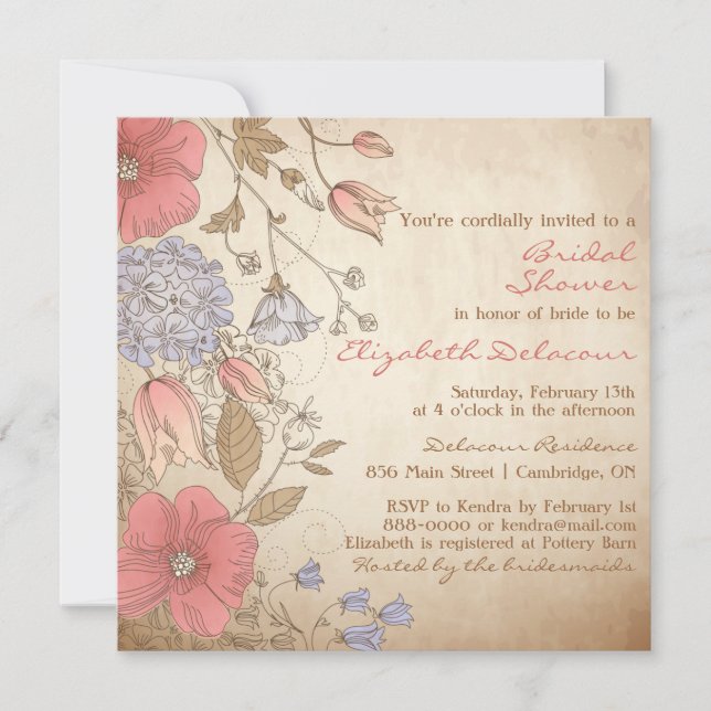 Invitación a la ducha de novia de flores rojas vin (Anverso)