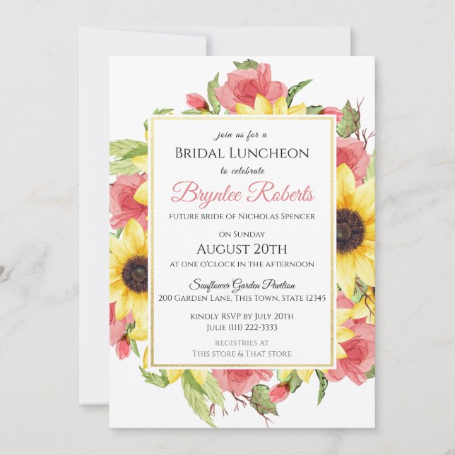 Invitación a la ducha de novia de girasoles y Rosa (Anverso)