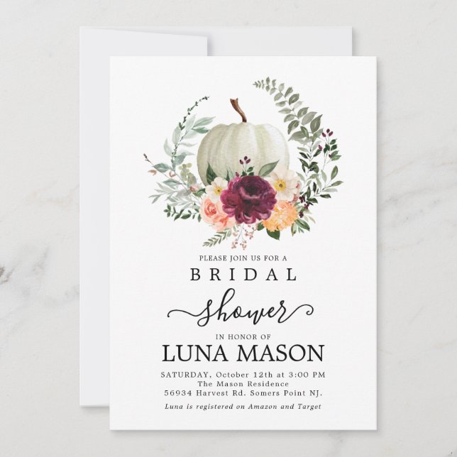 Invitación a la ducha de novia de la calabaza de o (Anverso)