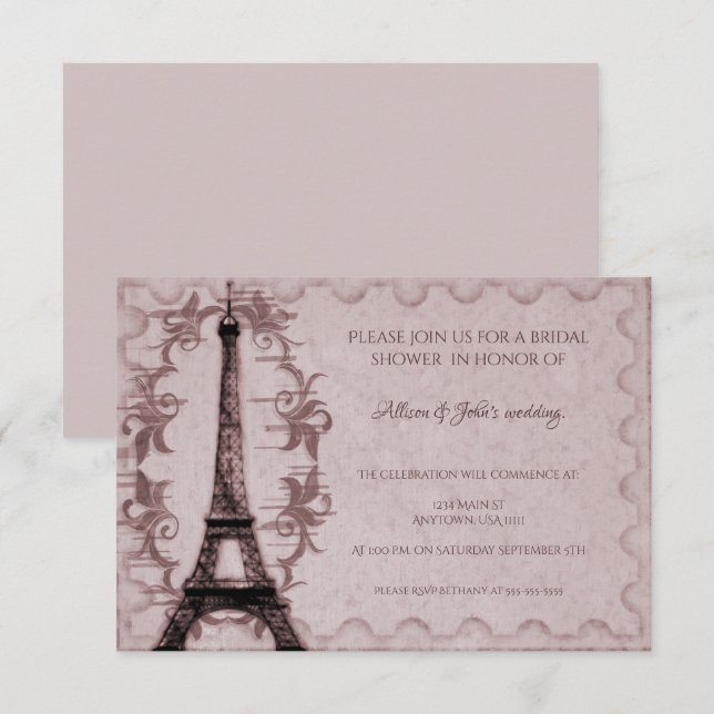 Invitación a la ducha de novia de la Torre Eiffel  (Anverso / Reverso)