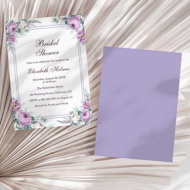 Invitación a la ducha de novia de Lavender Purple  (Lavender Purple Peonies Bridal Shower Invitation on a sunny white dry palm leaf.)