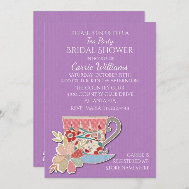 Invitación a la ducha de novia de Lavender Tea Cup (Anverso / Reverso)