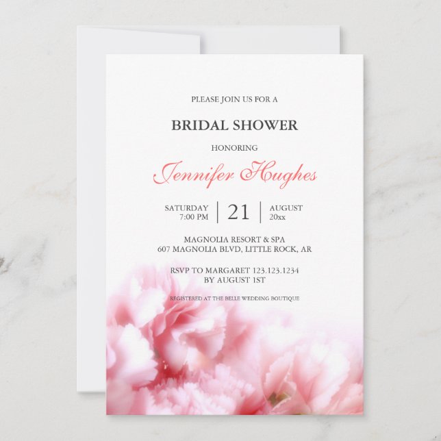 Invitación a la ducha de novia de los claveles ros (Anverso)