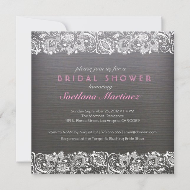 Invitación a la ducha de novia de madera gris oscu (Anverso)