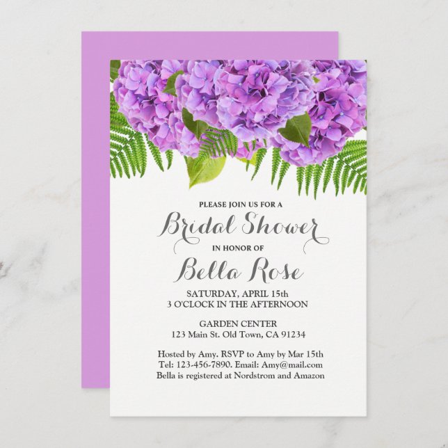 Invitación a la ducha de novia de morada hidrangea (Anverso / Reverso)