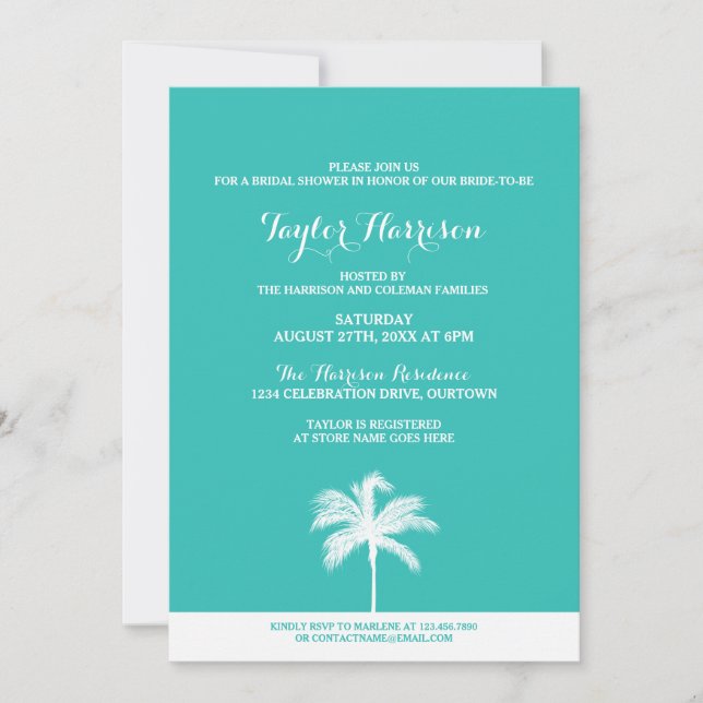 Invitación a la ducha de novia de Palm Tree Aqua (Anverso)
