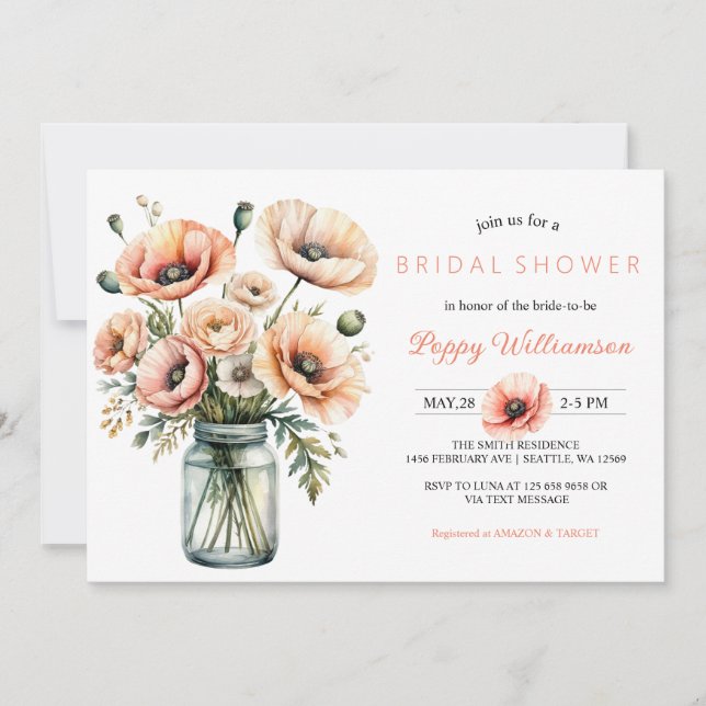 Invitación a la ducha de novia de POPPY Mason Jar (Anverso)