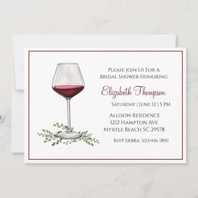 Invitación a la ducha de novia de vino rojo (Anverso)