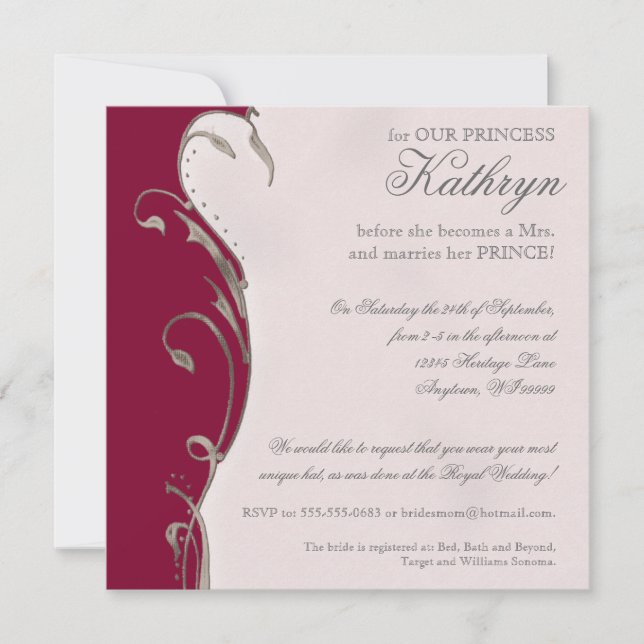 Invitación a la ducha de novia del Boda Real Queen (Anverso)