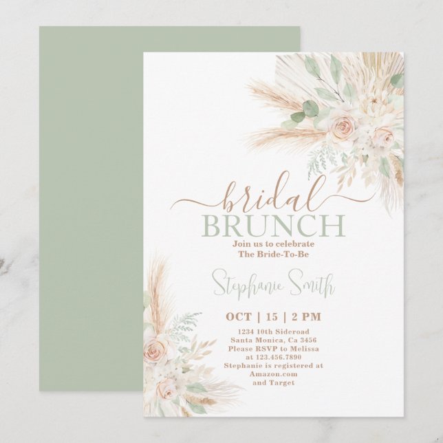 Invitación a la ducha de novia del Boho verde sabi (Anverso / Reverso)