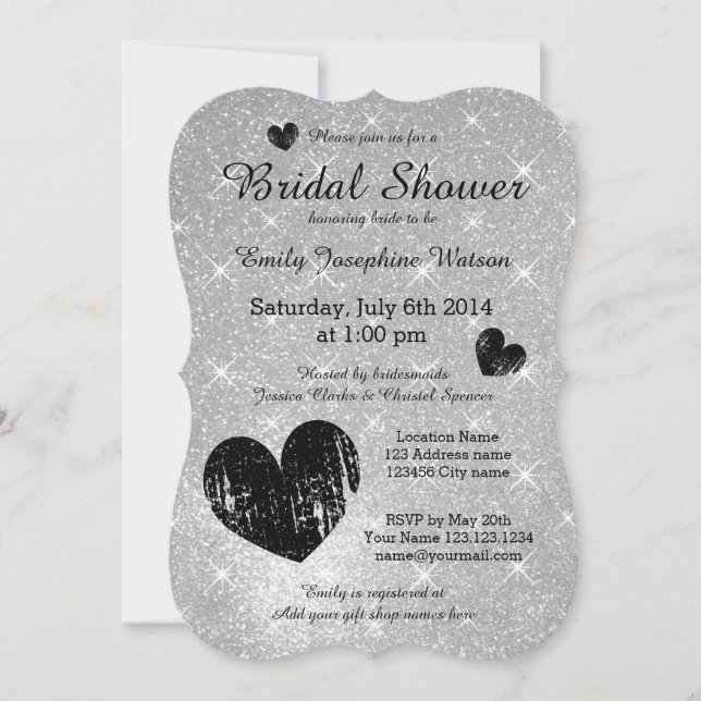 Invitación a la ducha de novia del purpurina negro (Anverso)