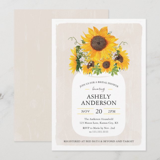 Invitación a la ducha de novia del Sunflower Mason (Anverso / Reverso)