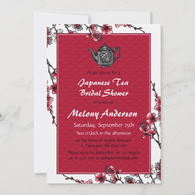 Invitación a la ducha de novia del té japonés rojo (Anverso)