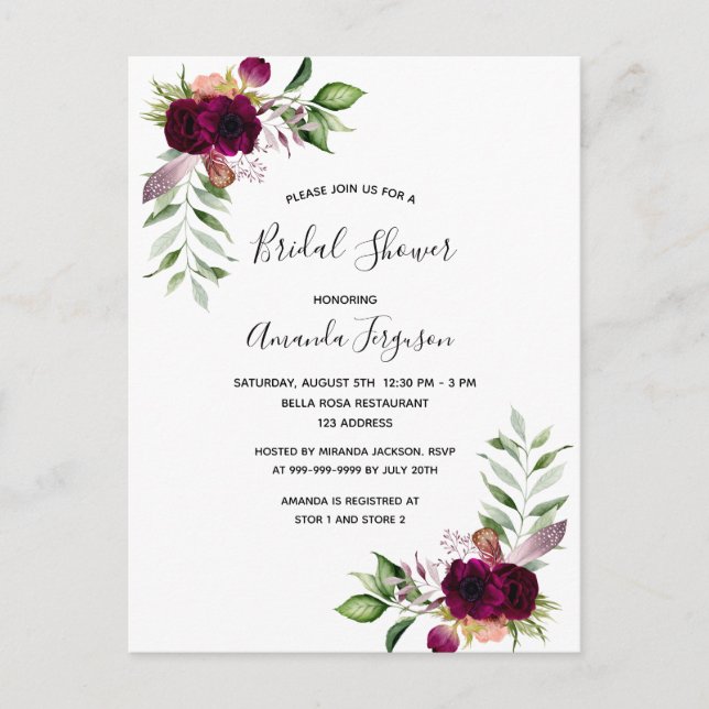 Invitación a la ducha de novia en Boho florals (Anverso)