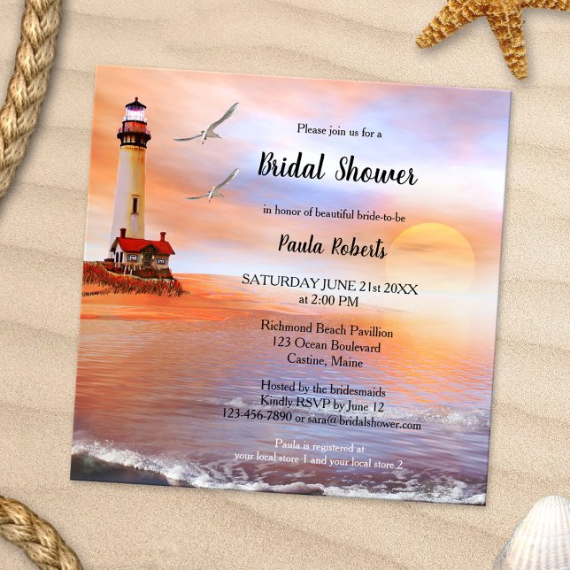Invitación a la ducha de novia en el faro de playa (Bridal shower invitation featuring a romantic painting of a beach and lighthouse with two seagulls)