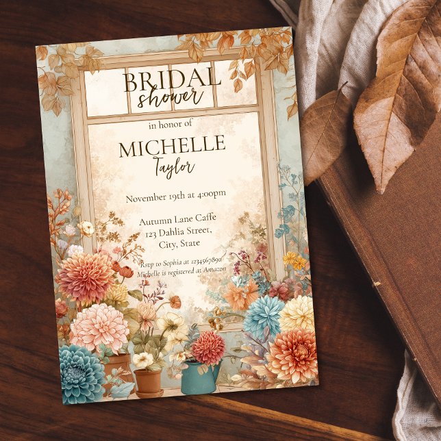Invitación a la ducha de novia en el jardín de flo (florist shop window with autumn flowers watercolor bridal shower invitation)