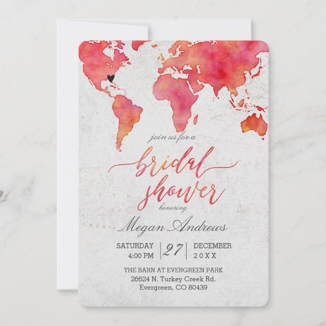 Invitación a la ducha de novia en el mapa del mund (Anverso)