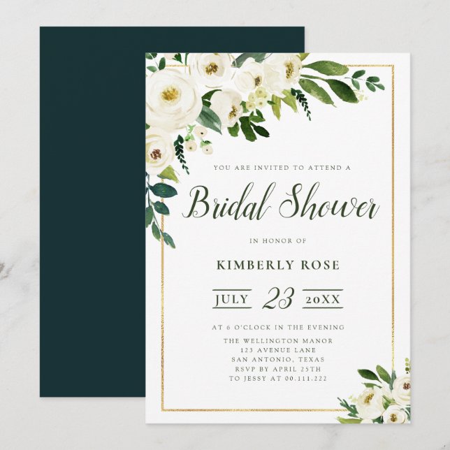 Invitación a la ducha de novia en florines blancos (Anverso / Reverso)