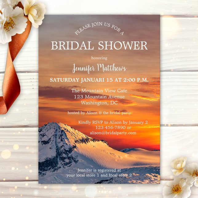 Invitación a la ducha de novia en invierno con ata (Bridal shower invitation featuring a romantic winter scene with a sunset over snow covered mountains)