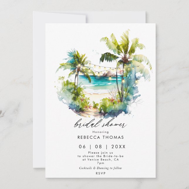invitación a la ducha de novia en la playa de palm (Anverso)