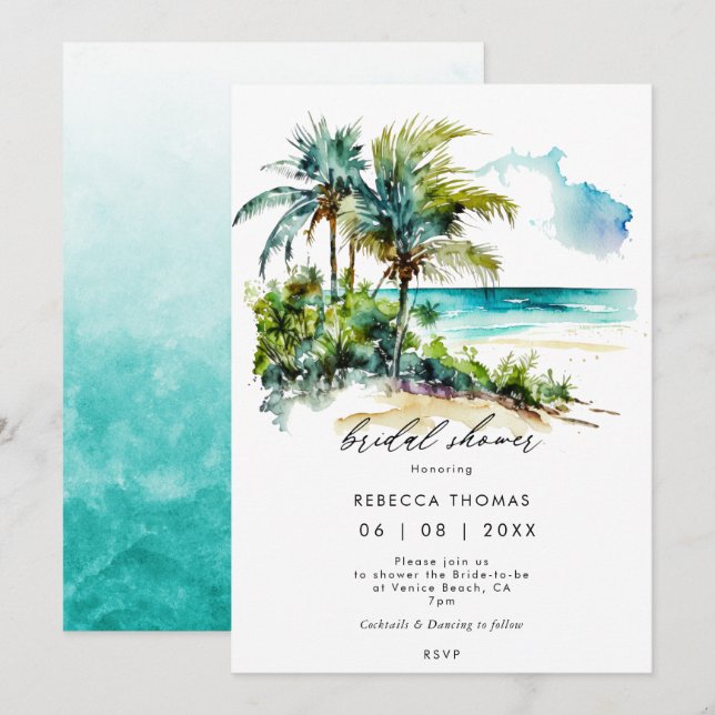 invitación a la ducha de novia en palmas de playa  (Anverso / Reverso)