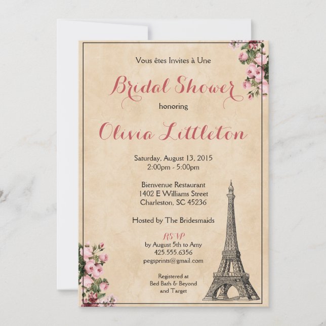 Invitación a la ducha de novia en París - Floral r (Anverso)