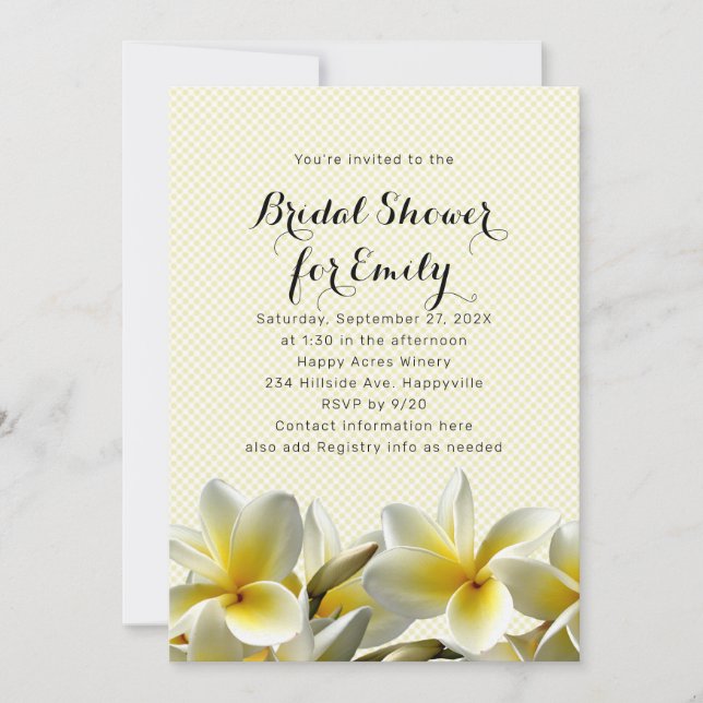 Invitación a la ducha de novia en Plumeria Amarill (Anverso)